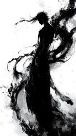 Silhouetted warrior dissolves into high contrast ink-like vortex