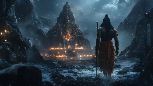 Temple structure amid mountains with lone robed figure.