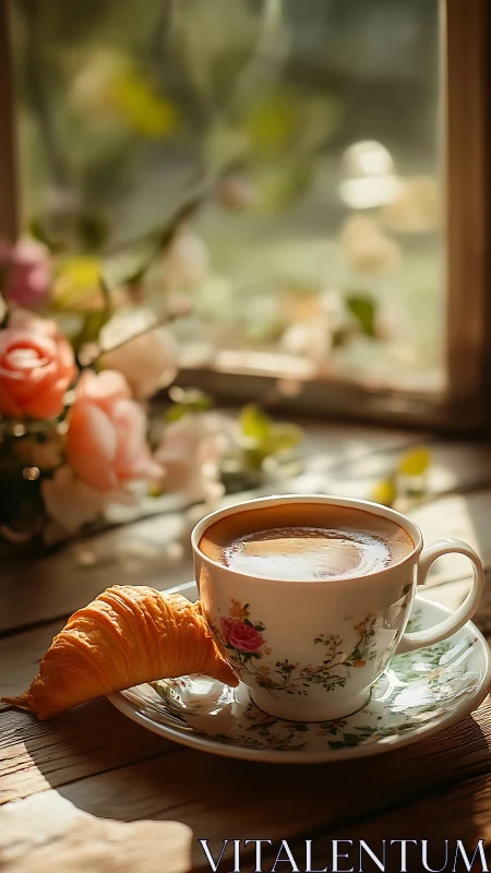 Porcelain coffee cup and croissant sit in soft window light