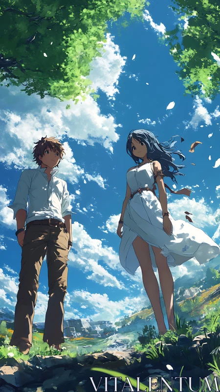 Breezed hillside encounter under expansive cumulus sky panorama.