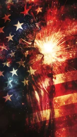 Statue of Liberty overlaid with explosive American flag burst.