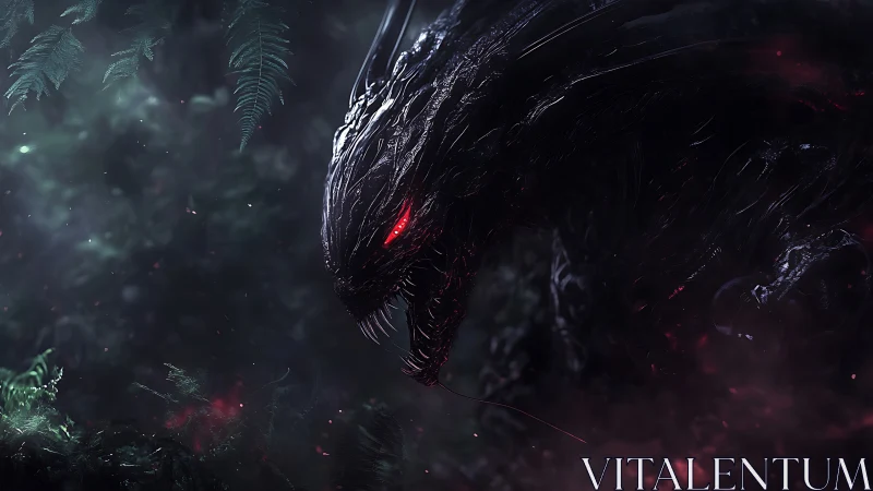 Ebon forest dragon with blazing eyes emerging from shadow.