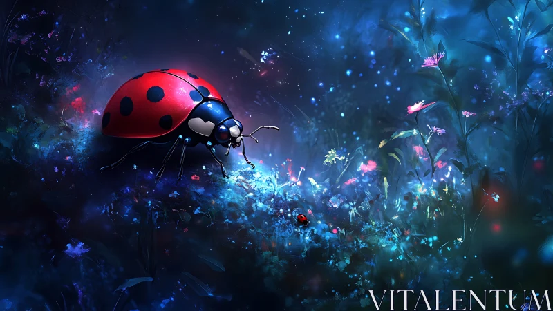 Moonlit ladybug giants wander through a neon flower forest.