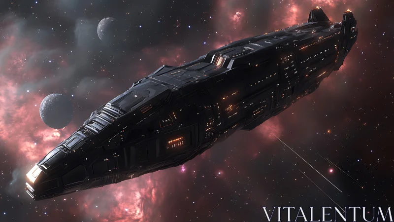 Large black spacecraft in deep space with nebula backdrop.