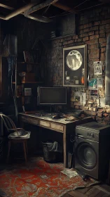 Dim brick workspace with worn desk, monitor and washer.
