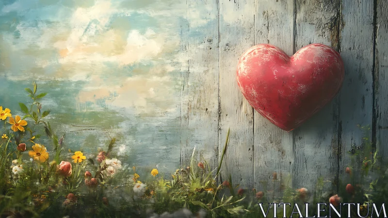 Red Heart Against Weathered Wood with Floral Garden Composition