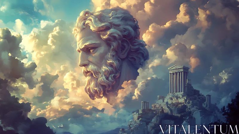 Colossal godlike marble head hovers above ruined Greek temple