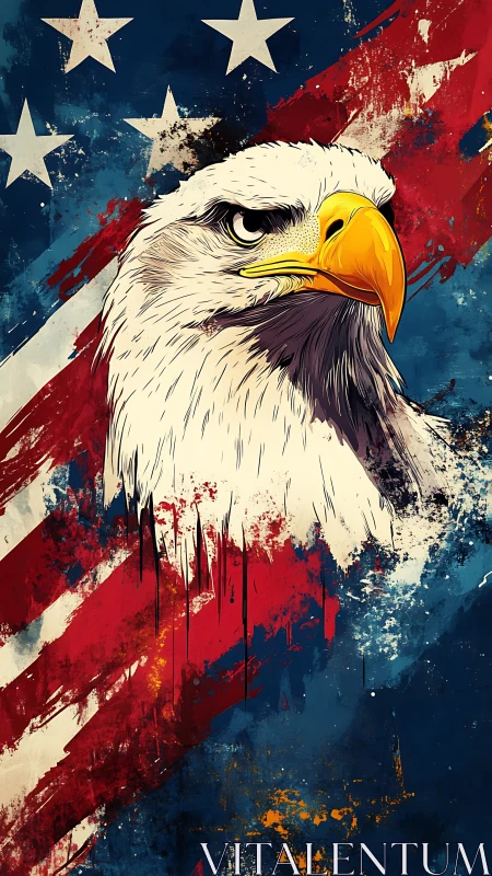 Stylized bald eagle portrait on distressed US flag backdrop