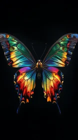 Radiant rainbow butterfly glowing softly against night sky.