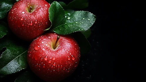 Red apples glisten under droplets against deep black void.