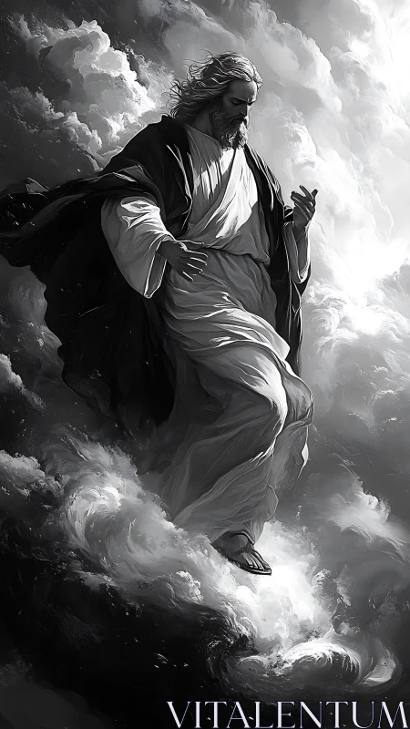 Serene robed figure walking on clouds in monochrome art.