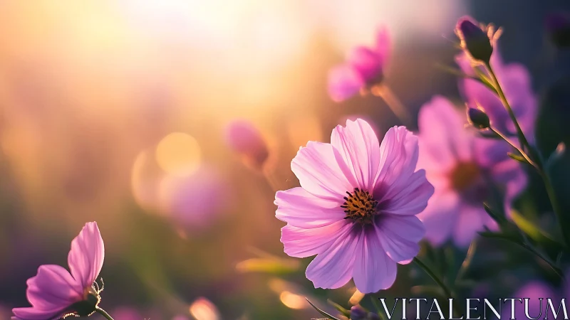 Pink cosmos dancing in golden hour glow.