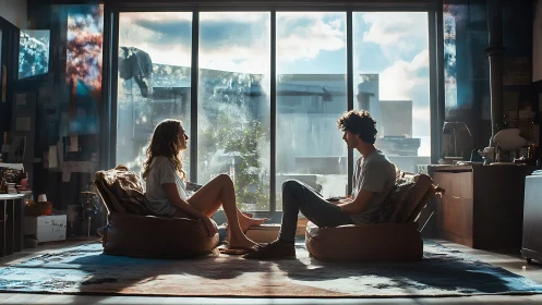 Urban Contemplation: Two Figures Against Cityscape Window.