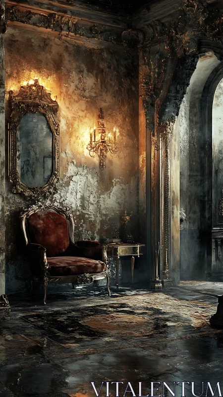 Decayed baroque interior shows corroded gilding and chiaroscuro light