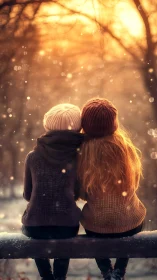 Two figures seated facing golden tree-lined path bathed in warm backlit glow