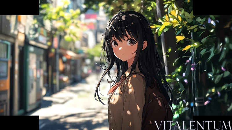 Soft sunlight follows a quiet girl along a leafy city lane