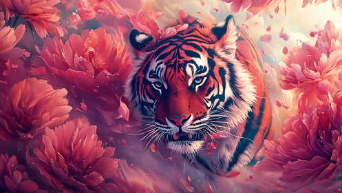 Tiger emerging through swirling scarlet peony blossoms.