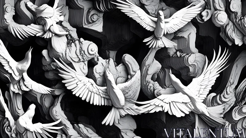 Elegant White Birds in Flight Amid Abstract Monochrome Patterns.