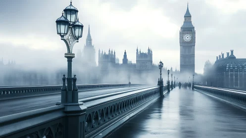 Foggy Westminster Bridge with clock tower at dawn.