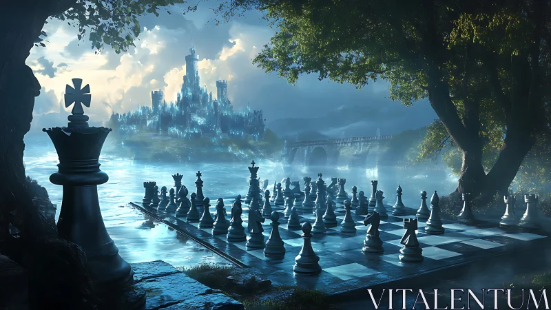 Fantasy riverside chessboard before luminous crystal citadel.