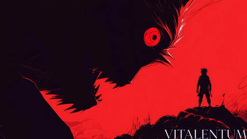 Silhouetted warrior confronting looming red shadow beast.