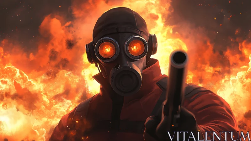 Masked figure with shotgun before large fireball backdrop.