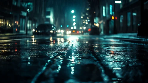 Rain soaked urban street surface reflects blurred car lights