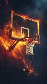 Inflamed glass basketball hoop engulfed in dynamic orange flames