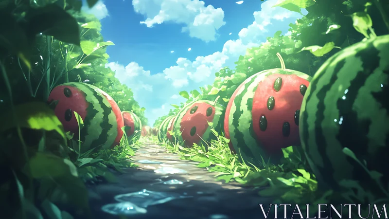 Sunlit watermelon path rolls gently through a lush garden