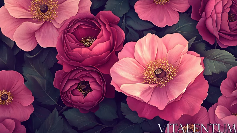 Pink and magenta layered blooms with golden stamen centers against dark foliage background.