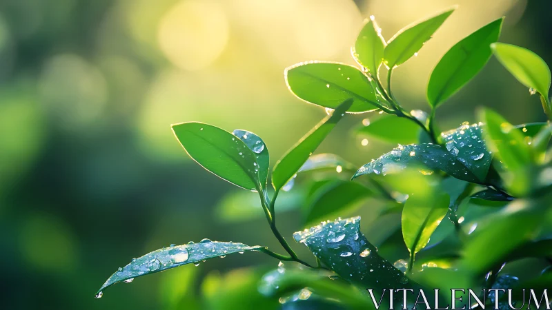 Morning dew whispers over emerald leaves at sunrise.