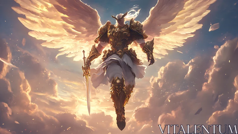 Radiant winged guardian soaring through sunlit golden clouds.