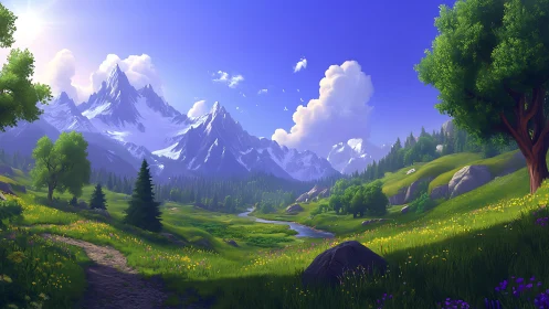 Sunlit alpine valley with river winding below snowy peaks.