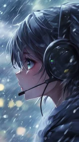 Anime girl with headset standing in dramatic rainstorm.