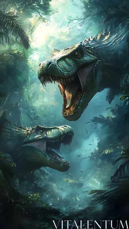 Predatory theropods engage in a vertical jungle confrontation scene