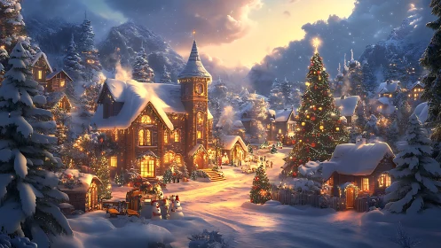 Snow-covered Christmas village glows with warm volumetric lighting
