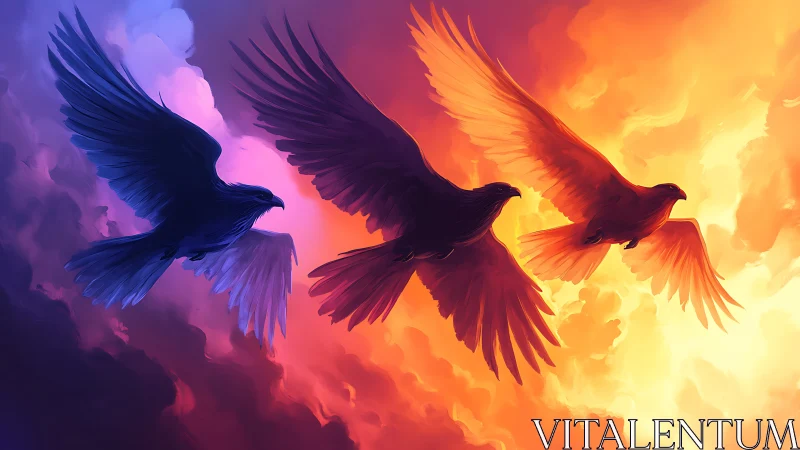 Three mystical birds soaring in vibrant sunset clouds, digital art.