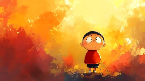 Cartoon child stands amid vivid orange abstract light.