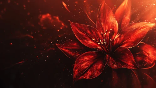 Luminous red lily rendered with high contrast bokeh particles