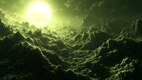 Bioluminescent alien terrain under radiant toxic sun glow.
