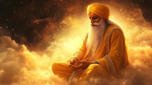 Golden-robed sage meditates in radiant celestial clouds.