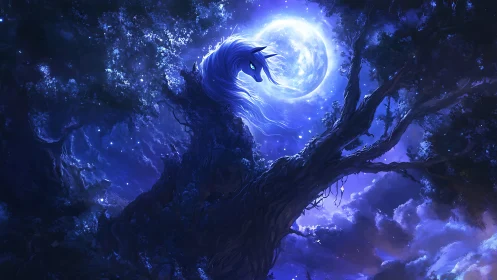 Moonlit celestial horse emerges from an ancient forest canopy.