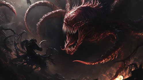 Colossal red maw confronts shadowy warrior in infernal void