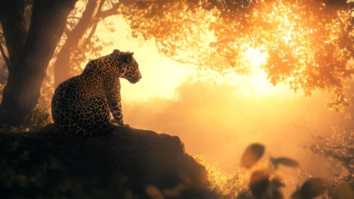 Leopard rests on a rock while backlit by low forest sunlight