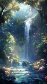 Whispering emerald falls in sunlit enchanted forest veil.