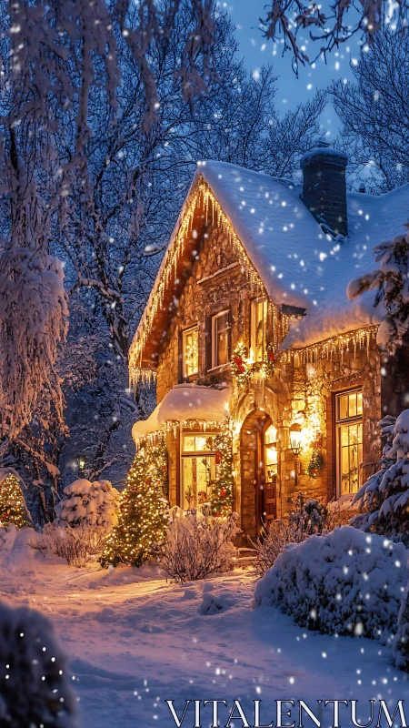 Snow-laden stone cottage with incandescent winter illumination.