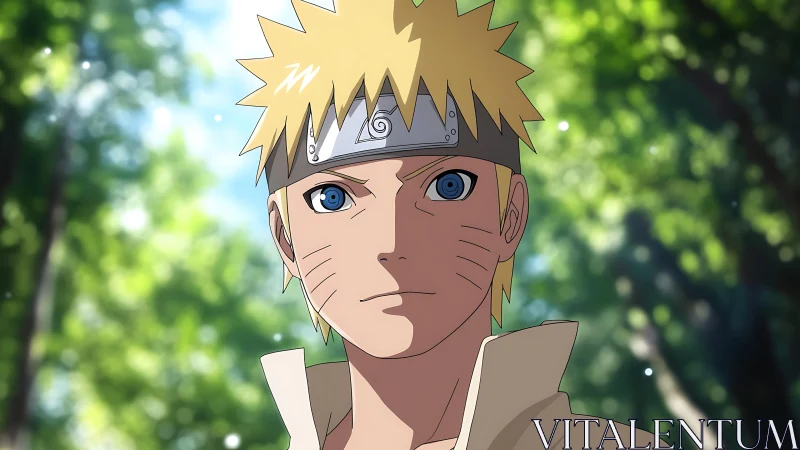 Blond anime ninja portrait stands focused in forest setting