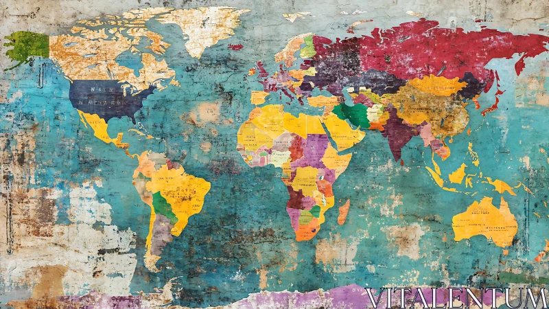 Color-soaked vintage world map with wanderer’s charm.
