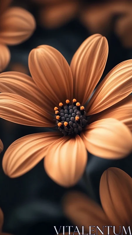 Golden petaled daisy with navy center in soft focus depth.