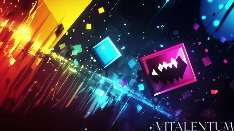 Neon geometric icons slice through prismatic digital void.